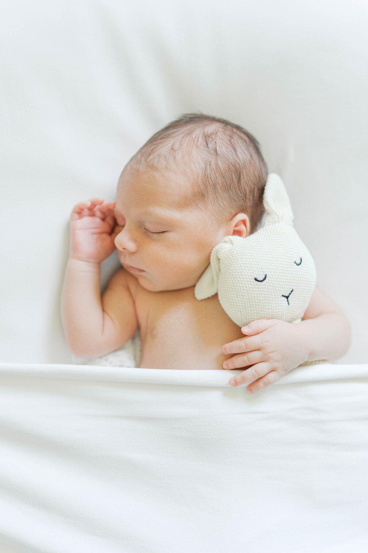 Baby snuggled up to stuffed animal in posed position in Virginia Beach newborn photography session