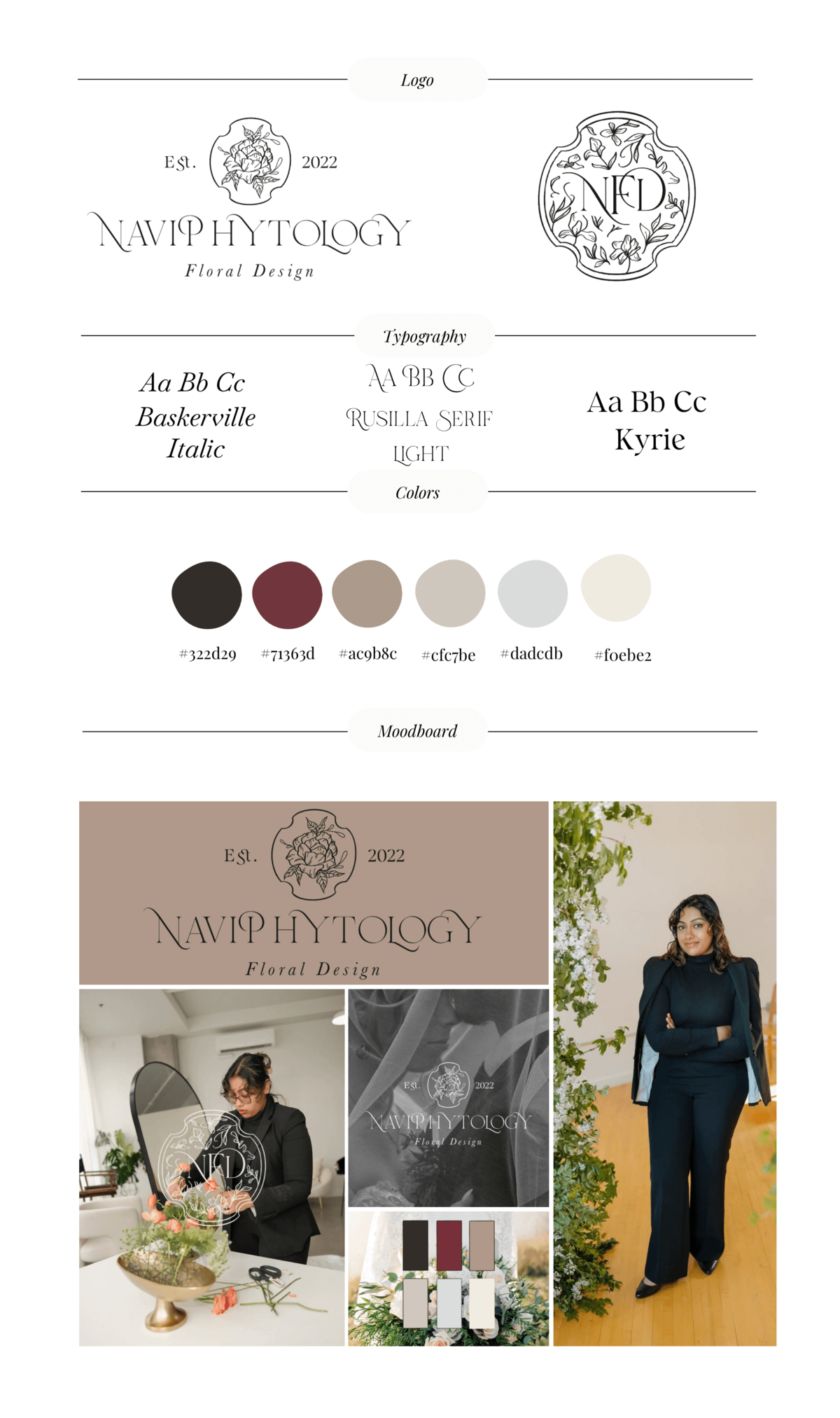 Moodboard showcasing fonts and colors along with lifestyle images showcasing branding icons representing full service design and calligraphy by Life in Letters.