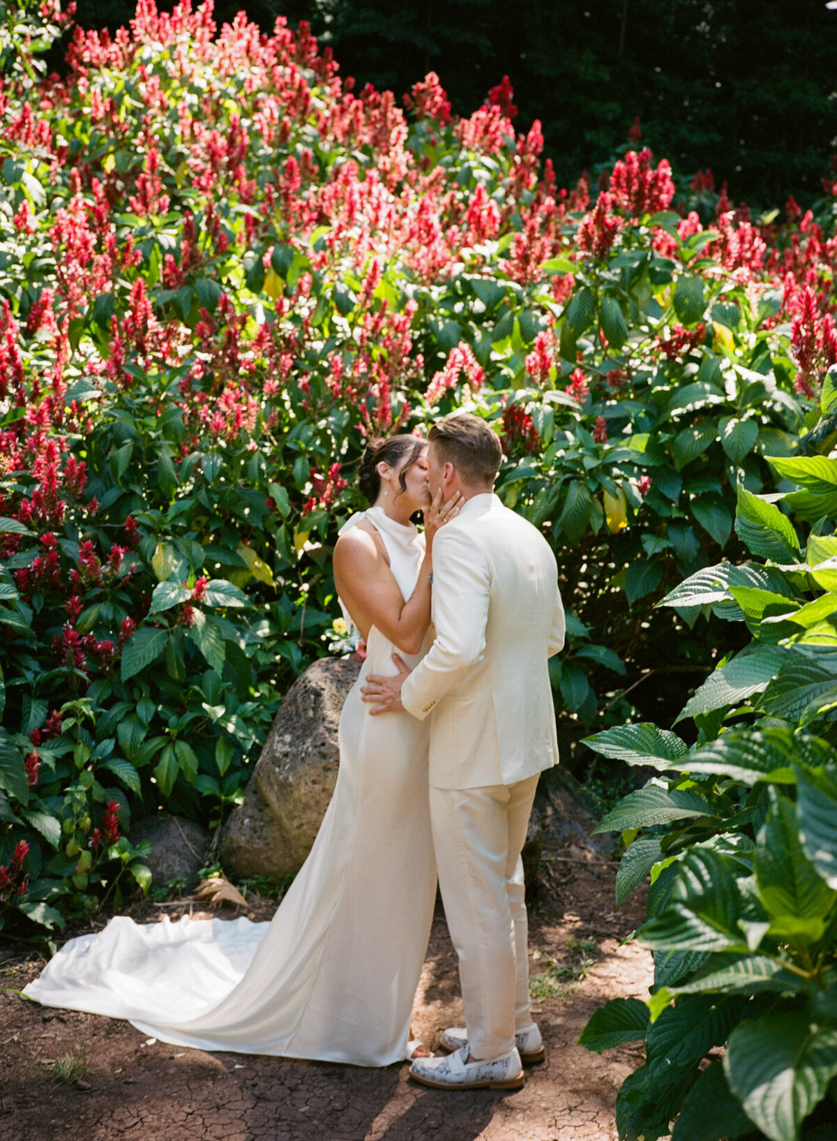 Bride and groom share a romantic kiss beneath a canopy of pink flowers, bathed in soft, natural light by Kate Winters Photography.