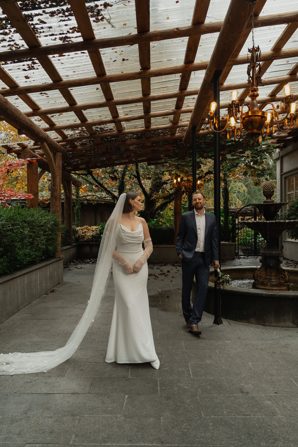 Bride and Groom during elopement photos at Cuckoos Trattoria in Coombs by Latitude 49 photography