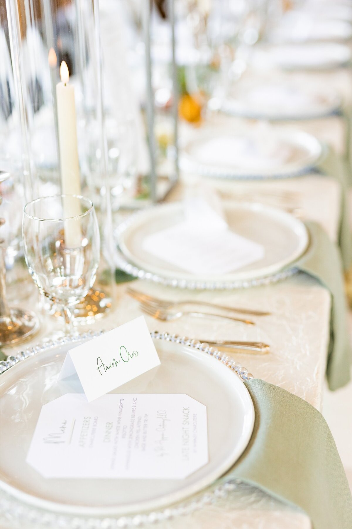 ivory and sage wedding reception plates, chargers, napkins, and menus