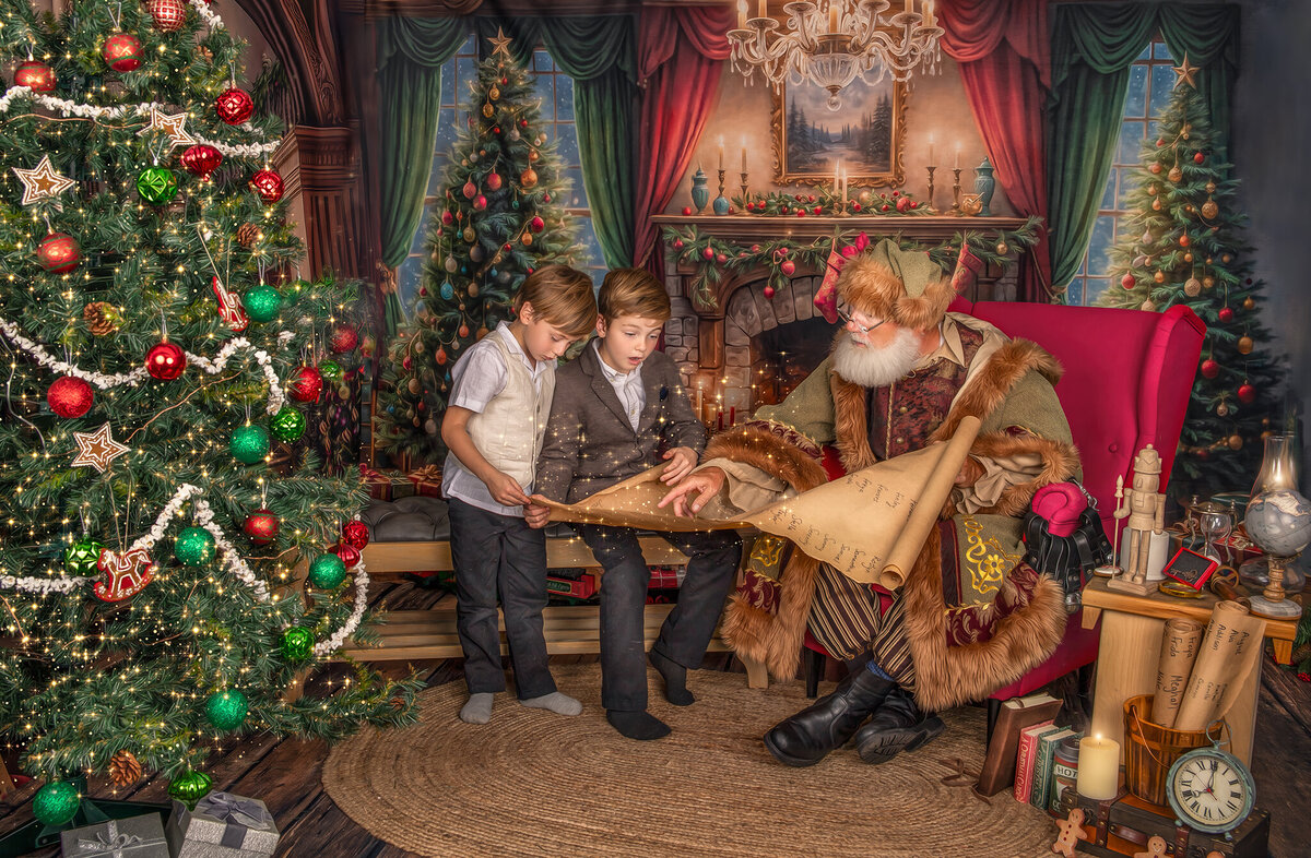 Two young boys curiously examine Santa’s Nice List together, sharing a moment of excitement and laughter during a magical holiday portrait session.

