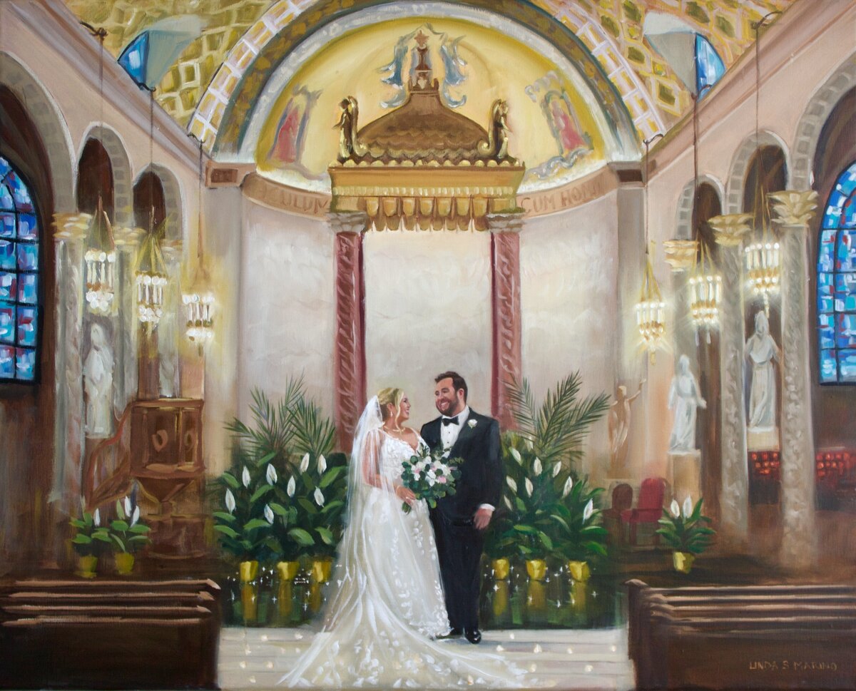 live wedding painting of bride and groom on the alter at Waterbury Basilica CT