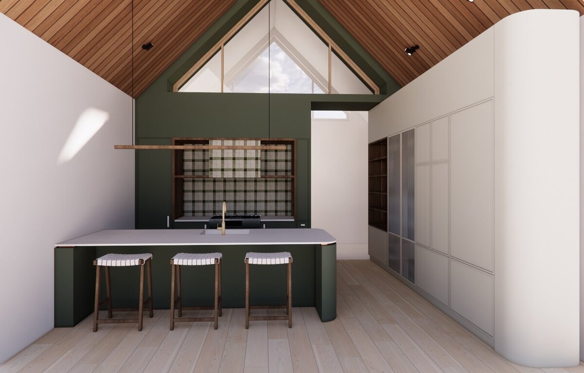 An dark green kitchen with Zellige Mosaics tiles