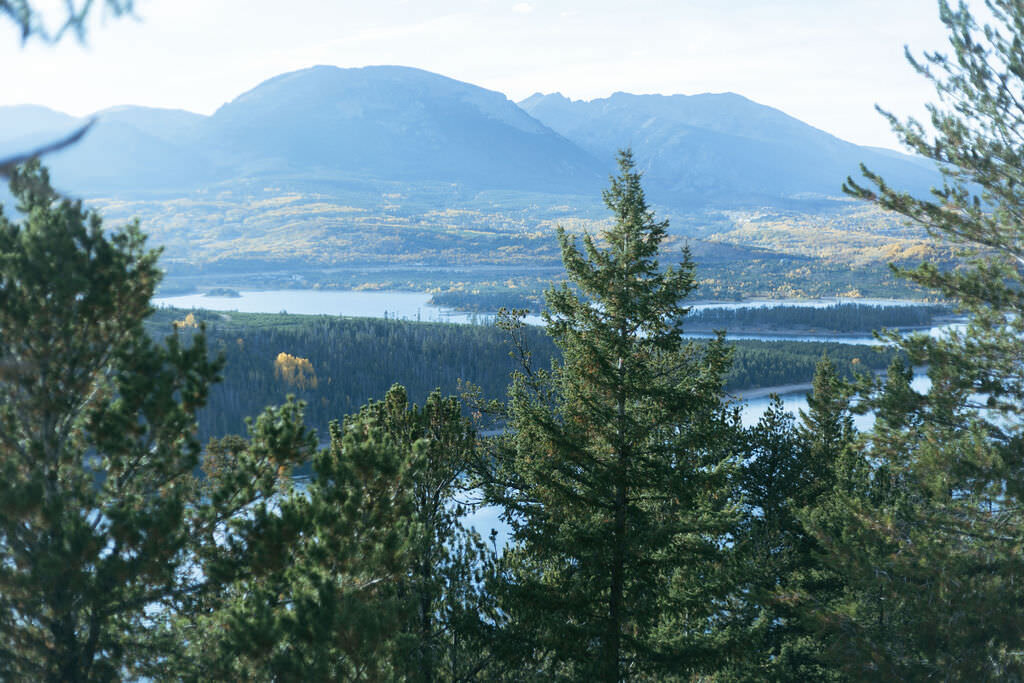 Trees leading out to a mountain and lake view.