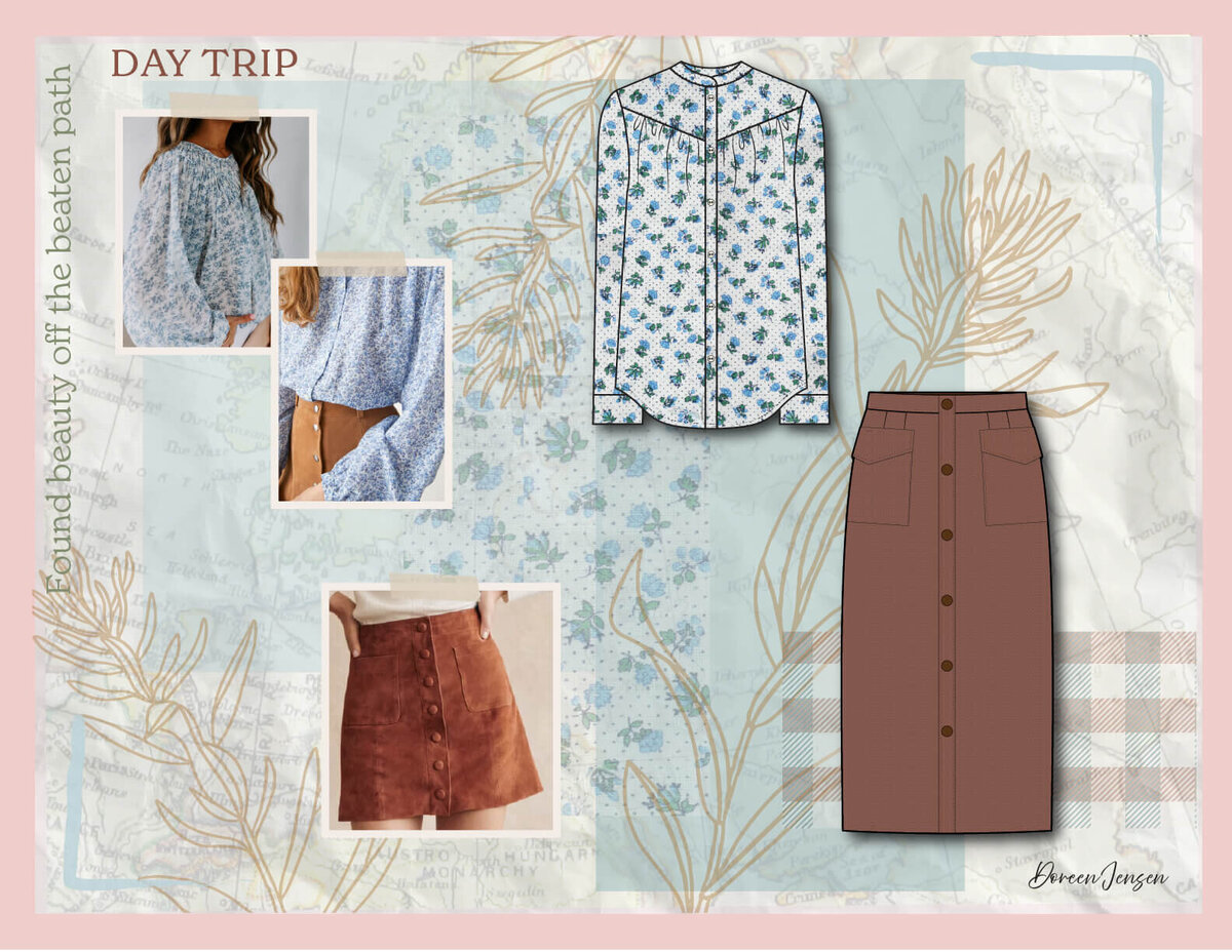 Outfit layout featuring a floral printed blouse paired with a rust suede button skirt from Doreen Apparel’s Day Trip collection, inspired by rustic elegance and wanderlust.