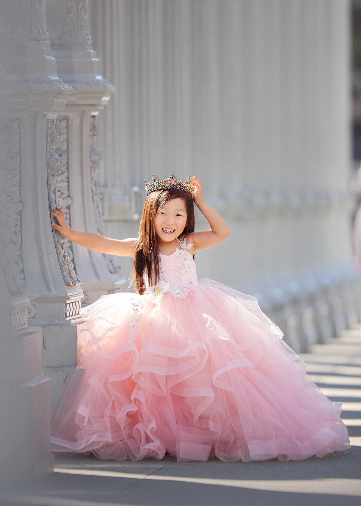 Girl in Anna Triant gown at LACMA by Los Angeles children's photographer