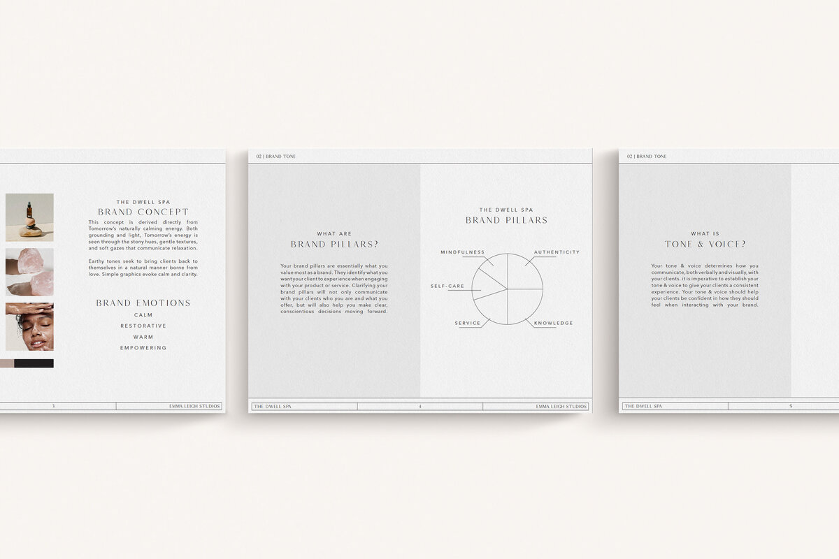 Mock-up of Brand Guidelines for The Dwell Spa, showing tone and voice, brand pillars, and mood board slides.