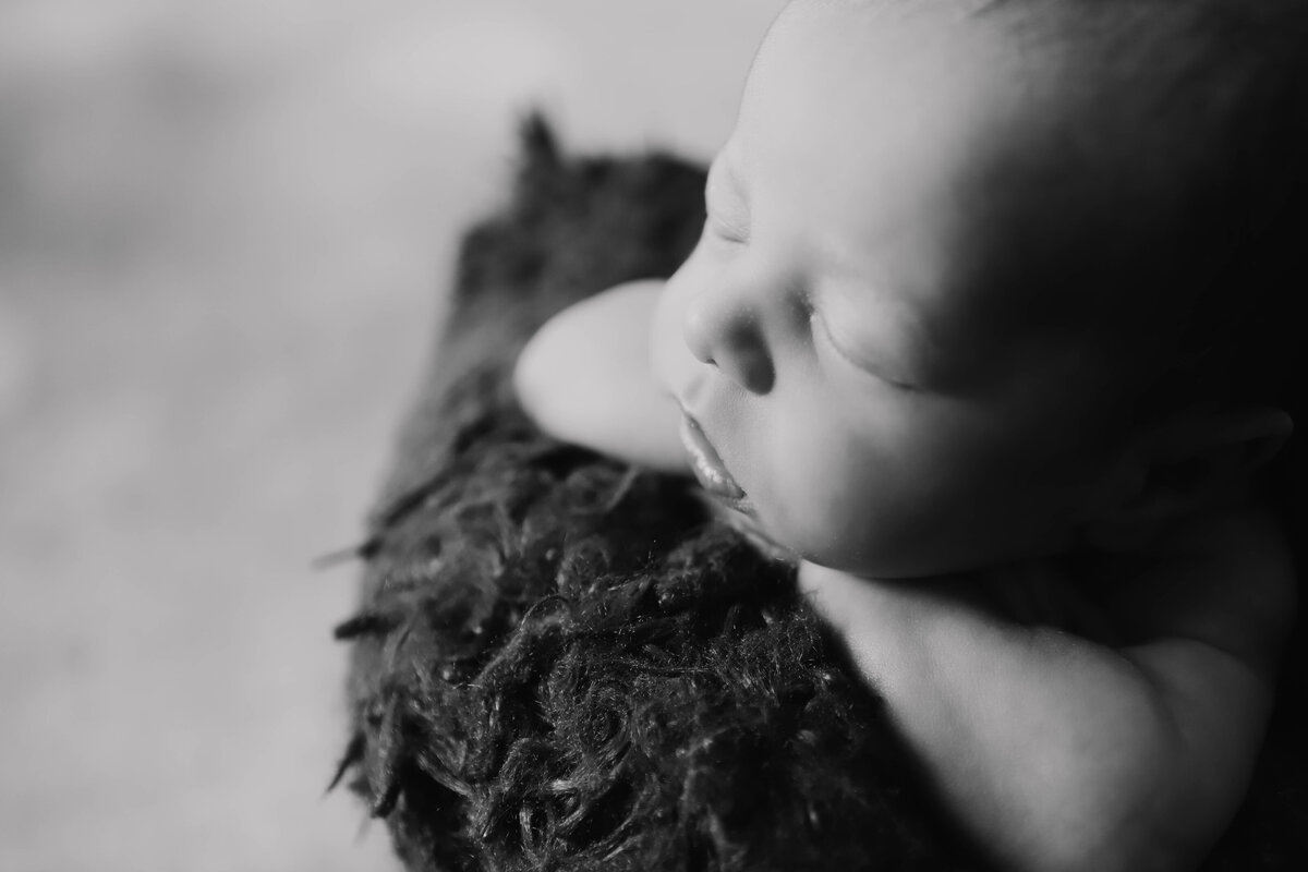 black and white newborn with chin on hands