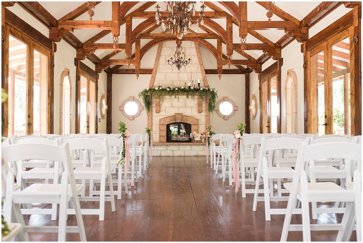 Ceremony setup inside of the Railroad building at Wadley Farms