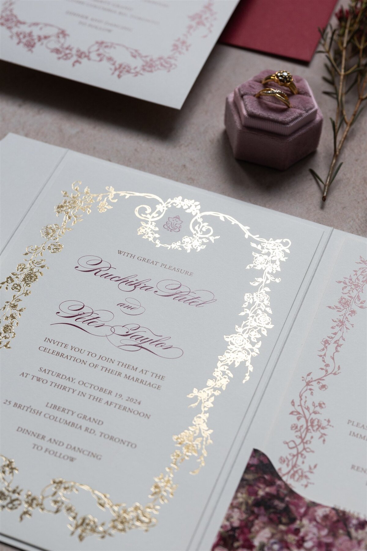 G Designers Burgundy Gold Foil Wedding Invitation 3