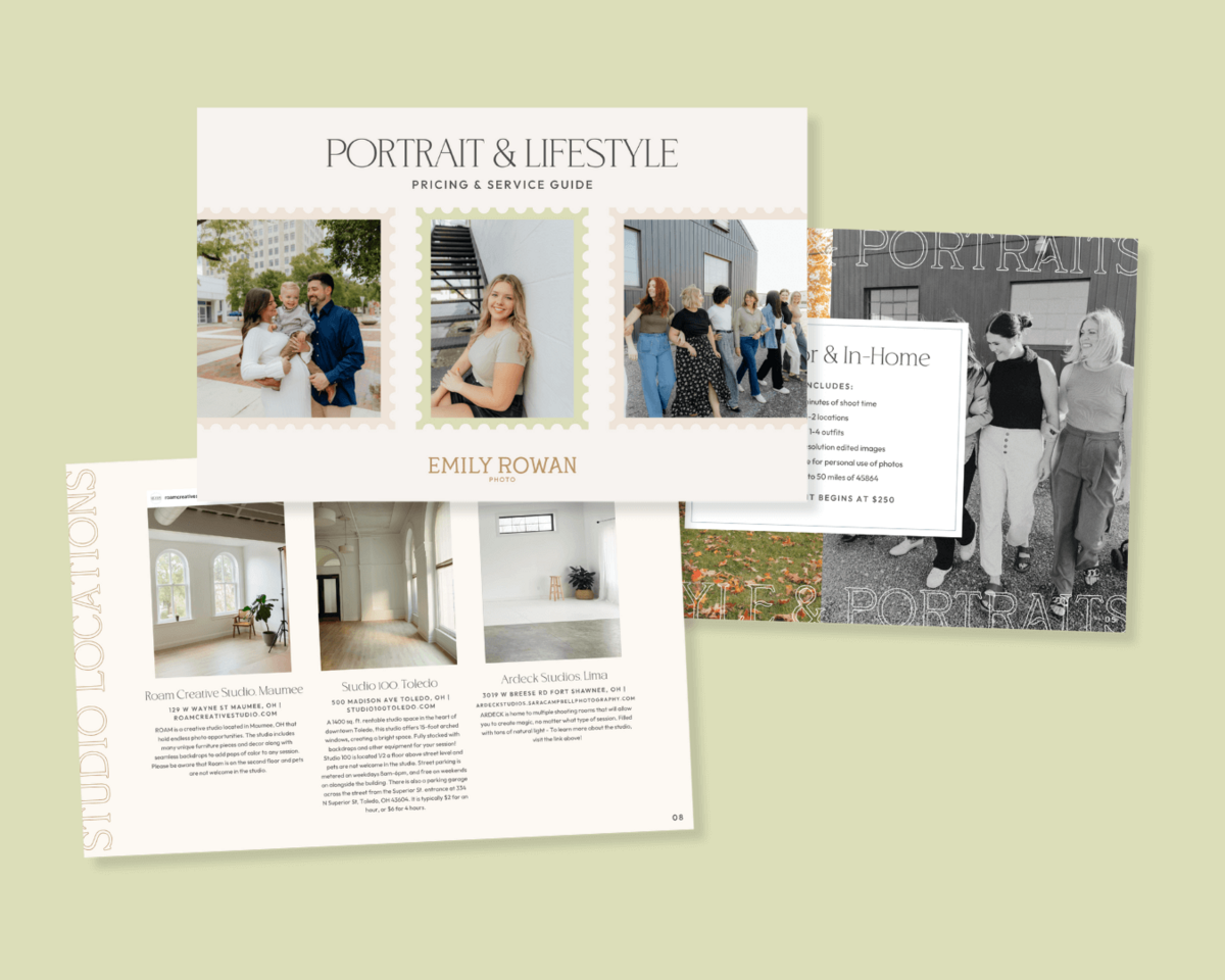 Modern portrait and lifestyle pricing guide design with neutral palette and editorial layout for photographers