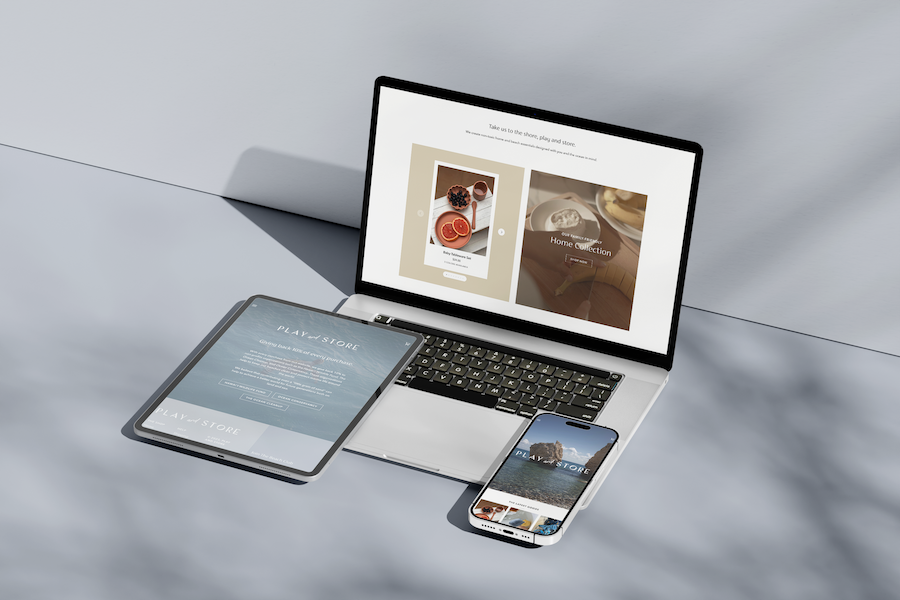 Website design featuring a coastal home and beach goods brand