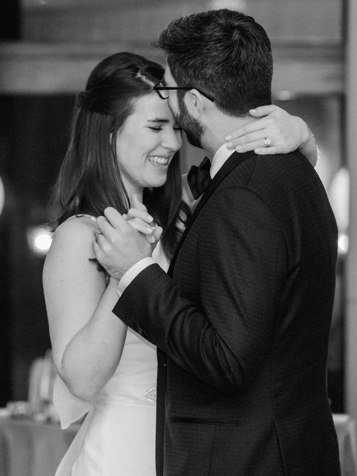 A black and white first dance photo captured at the Ivy Room in Chicago