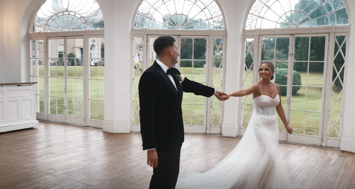 HC Visuals, Northamptonshire based wedding videographer, captures the bride and groom dancing inside Barton Hall's Orangery.