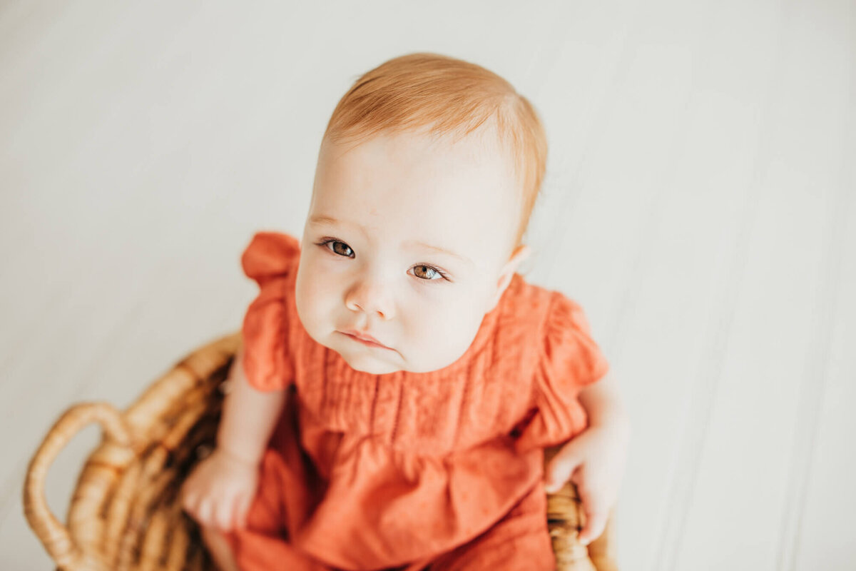 baby girl gazes up at photographer during a milestone mini.