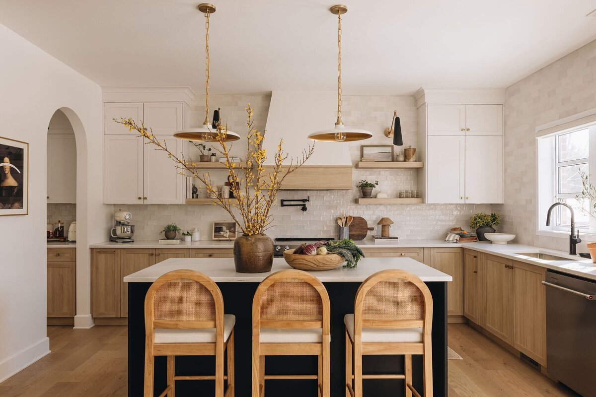 Modern Montreal kitchen with custom wood cabinetry, open shelving, and soft neutral tones – Beaconsfield Residence by Ingrid Interior Design.