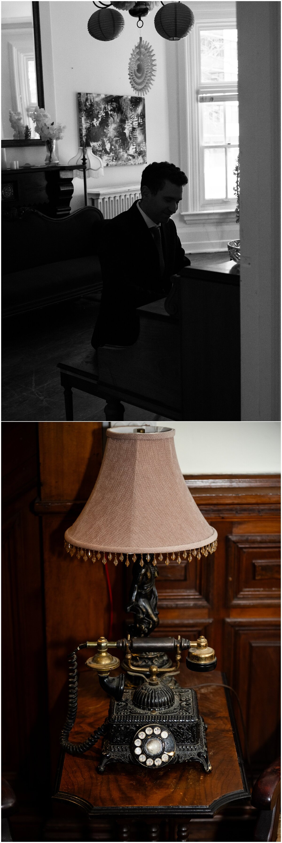 A close friend plays the piano, practice for the wedding ceremony. Vintage lamp and land phone