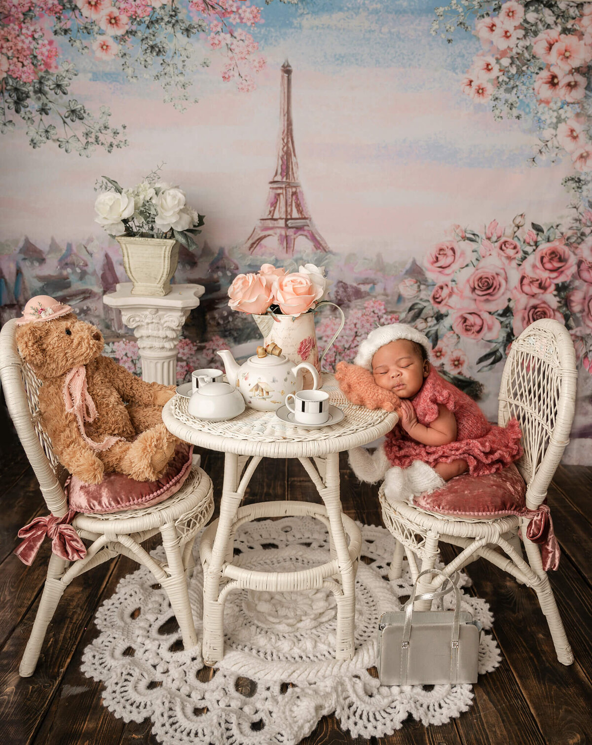 Baby girl at photography studio session by Tamara Danielle Greater Toronto Portrait Photography, sleeping at a tea party with teddy in Paris.