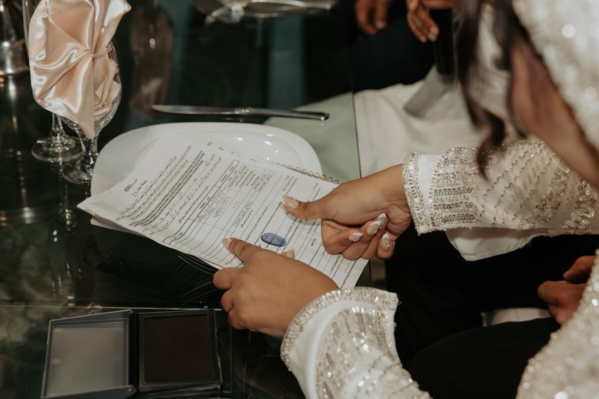 Bride Reacting During Marriage Contract Signing – Arabic Wedding Documentation in LA