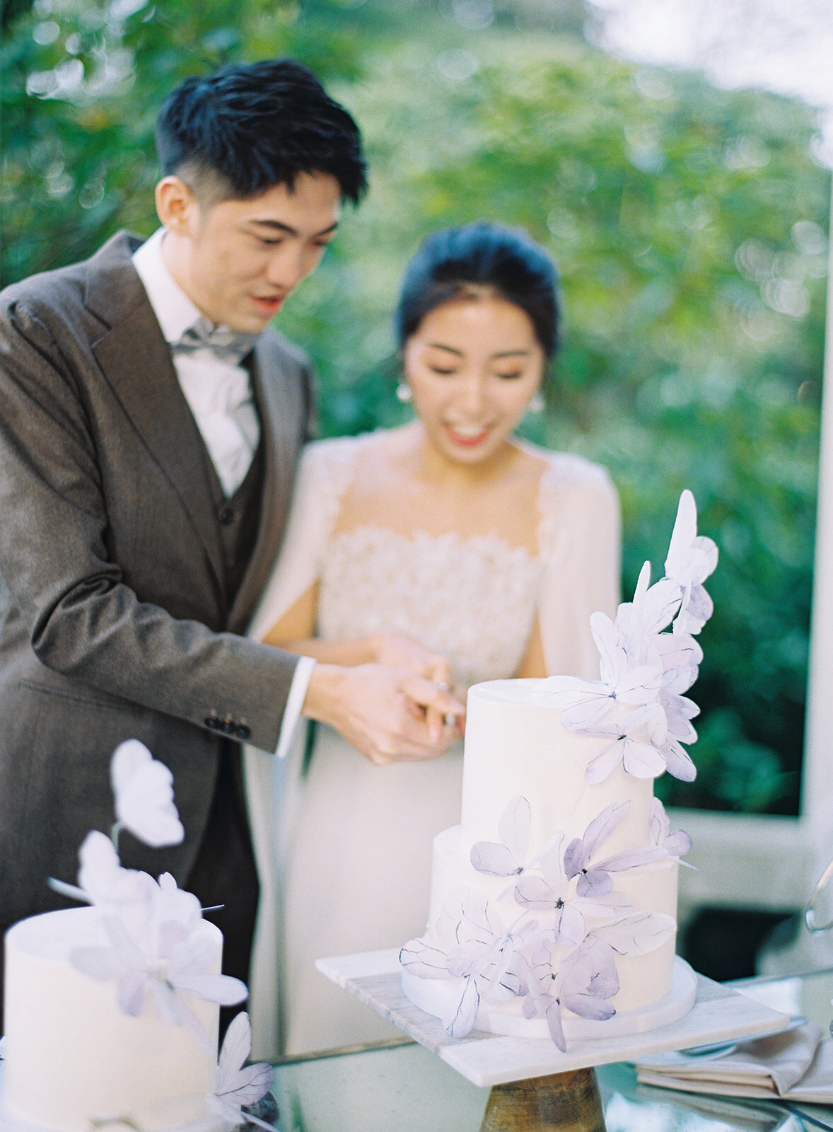 bride and groom cutting butterfly cake