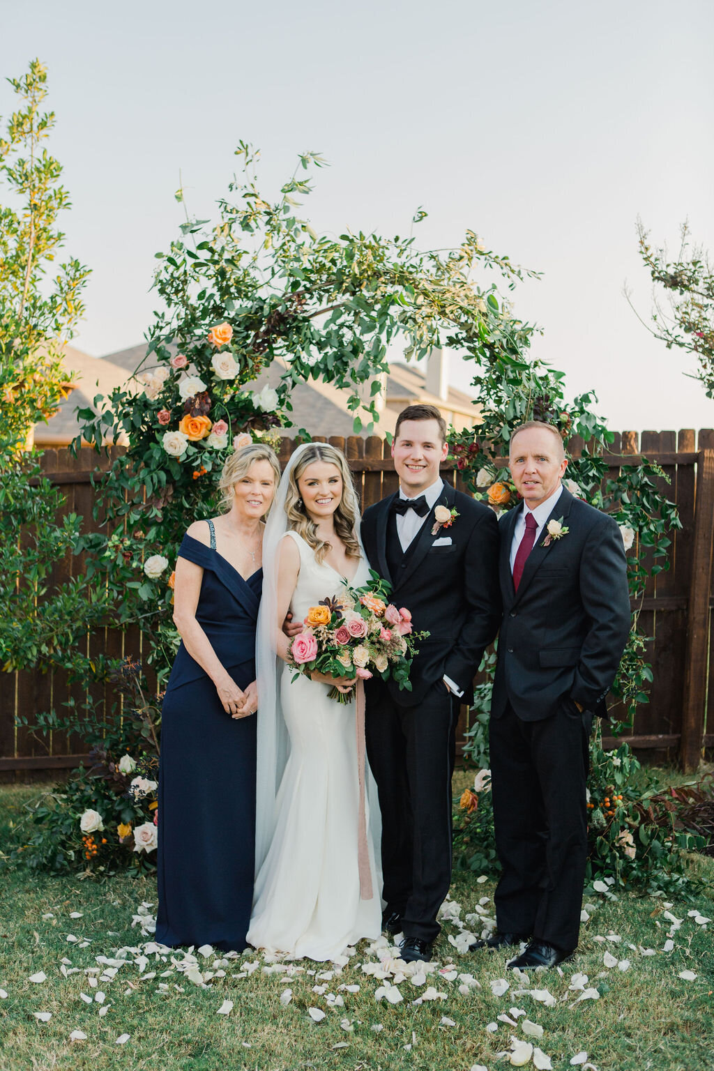 Family formal portraits at Fort Worth with Floral Arch by Vella Nest Floral - Best Dallas Wedding Florist