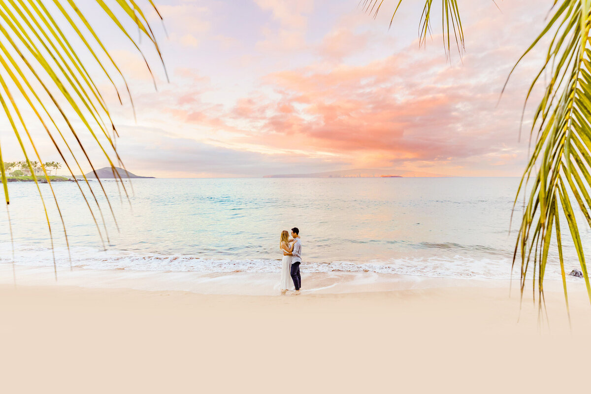 palm leaves frame a couple on the beach as they stand with their toes in the water holding each other close