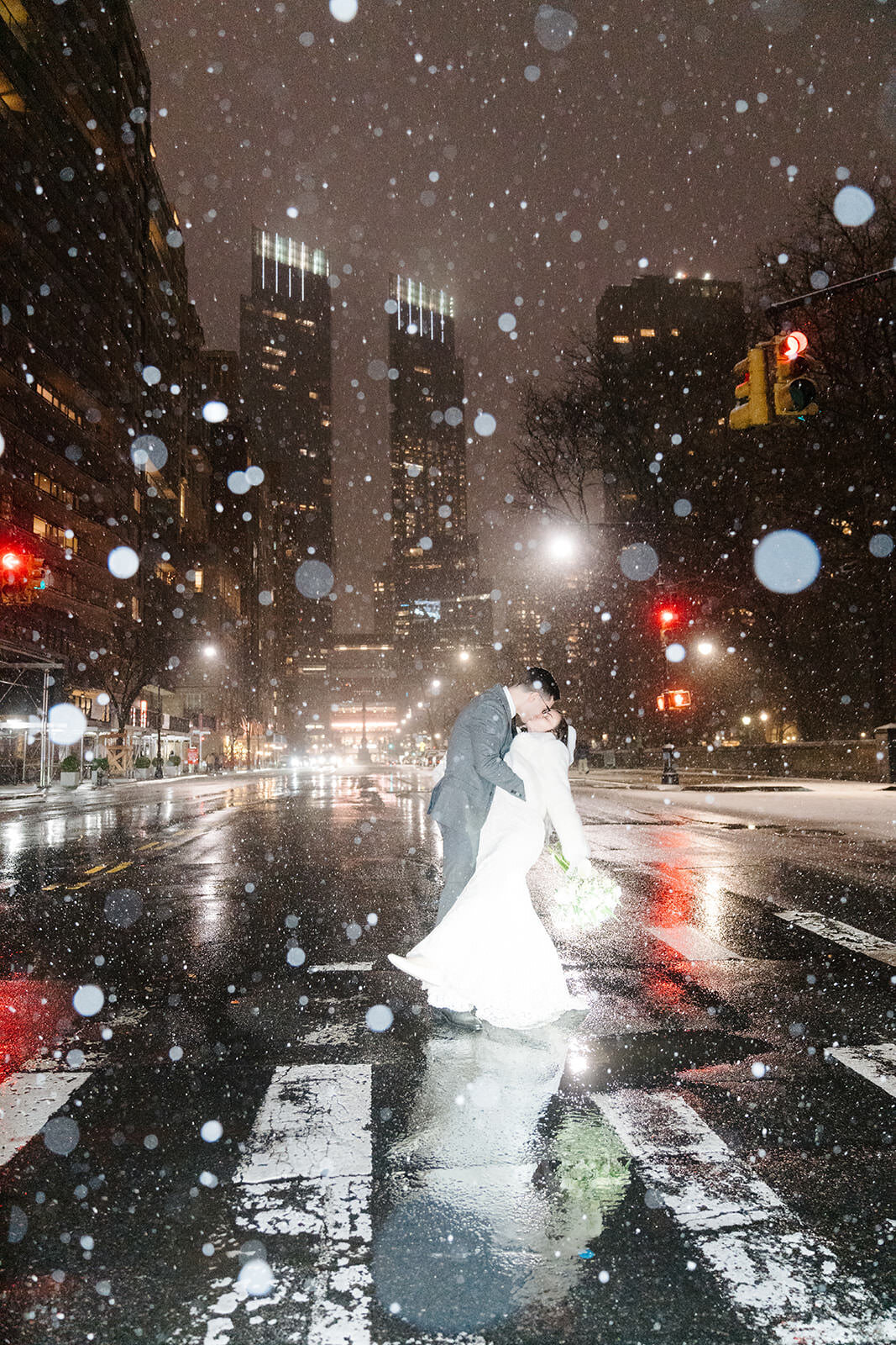 Snowy night time wedding portraits New York City wedding | Oduma photography-89