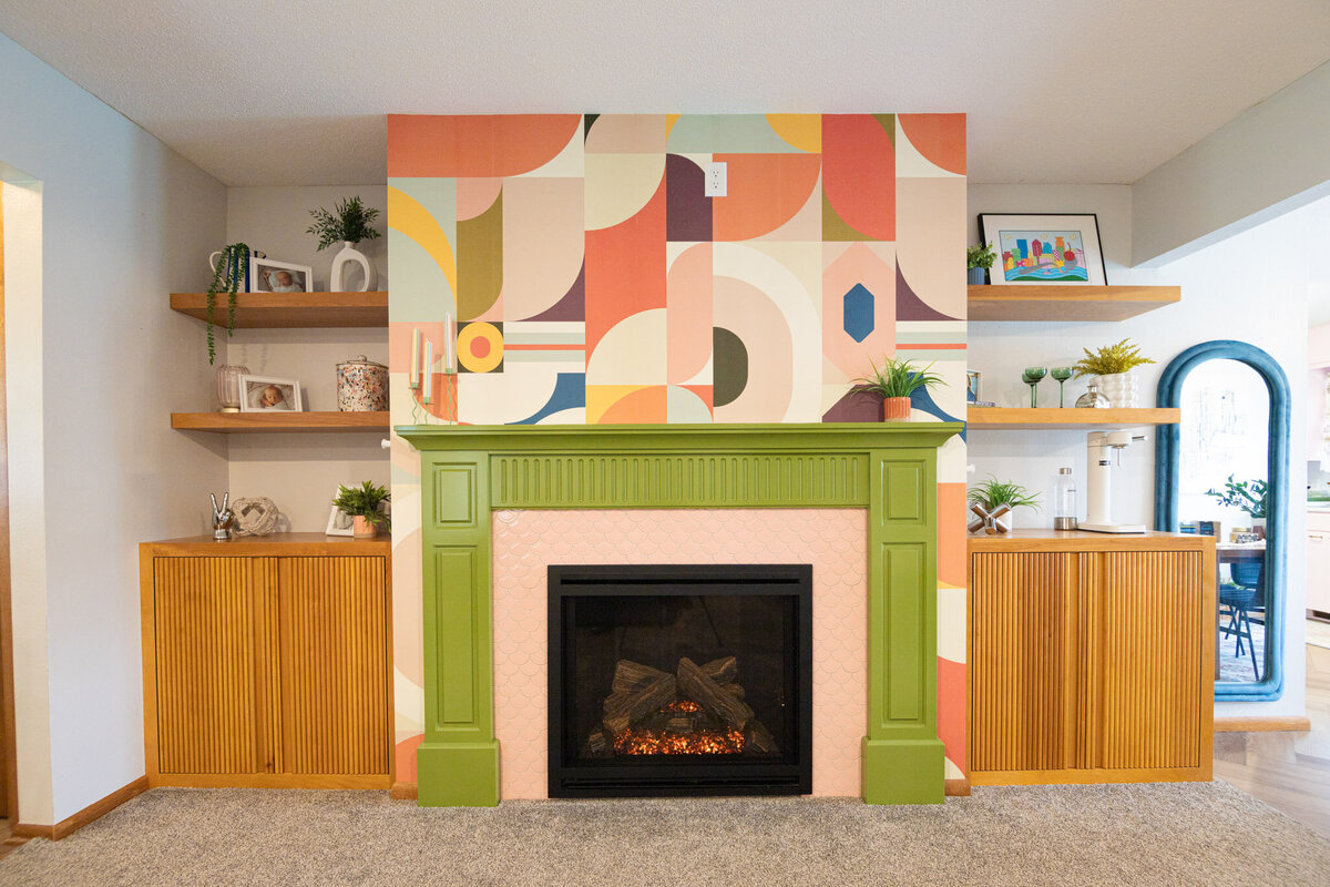 Chartreuse fireplace design with colorful wallpaper