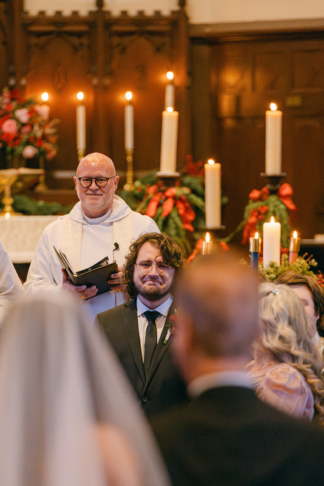 Emotional wedding moment where father gives away bride during ceremony at San Antonio luxury church venue
