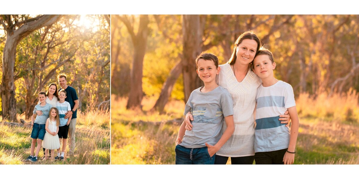 Hampton Roads family photography with Mother hugging her two sons as a stand in a field at sunset