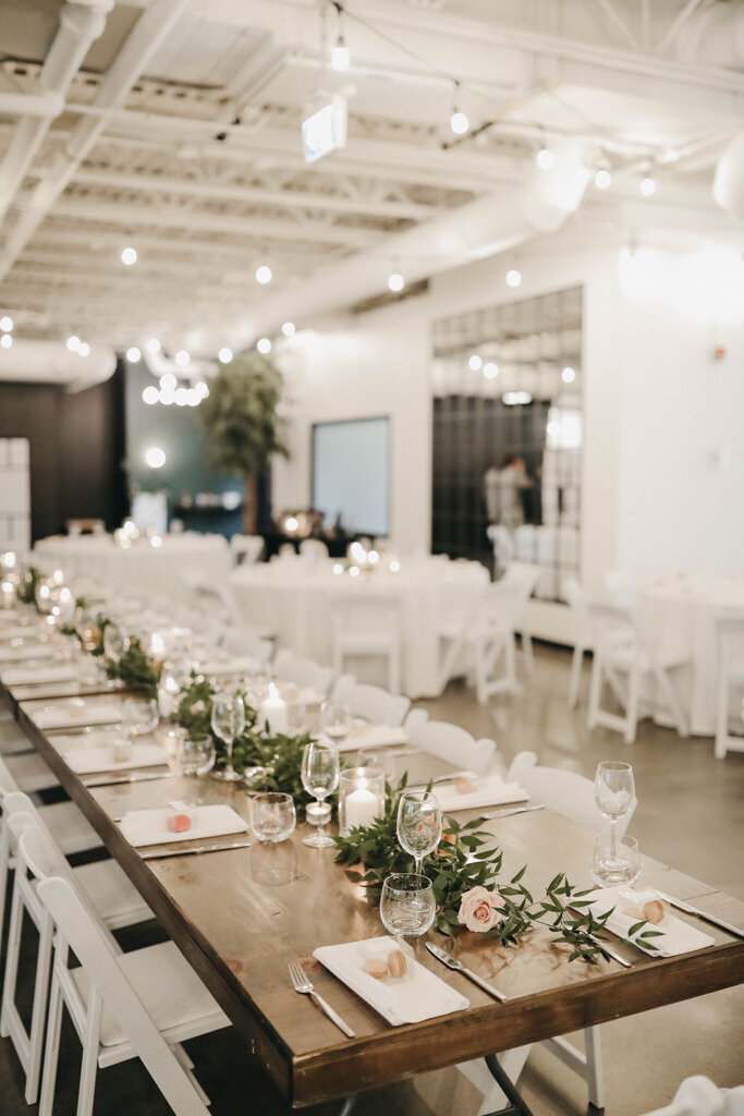 Warm Fall wedding reception at The Brownstone, modern and elegant Calgary, Alberta wedding venue, featured on the Brontë Bride Vendor Guide.