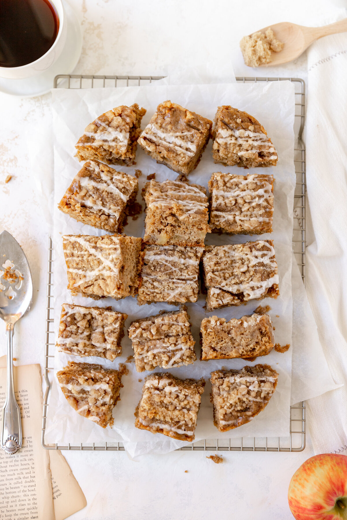 a coffee cake that has been cut into bars