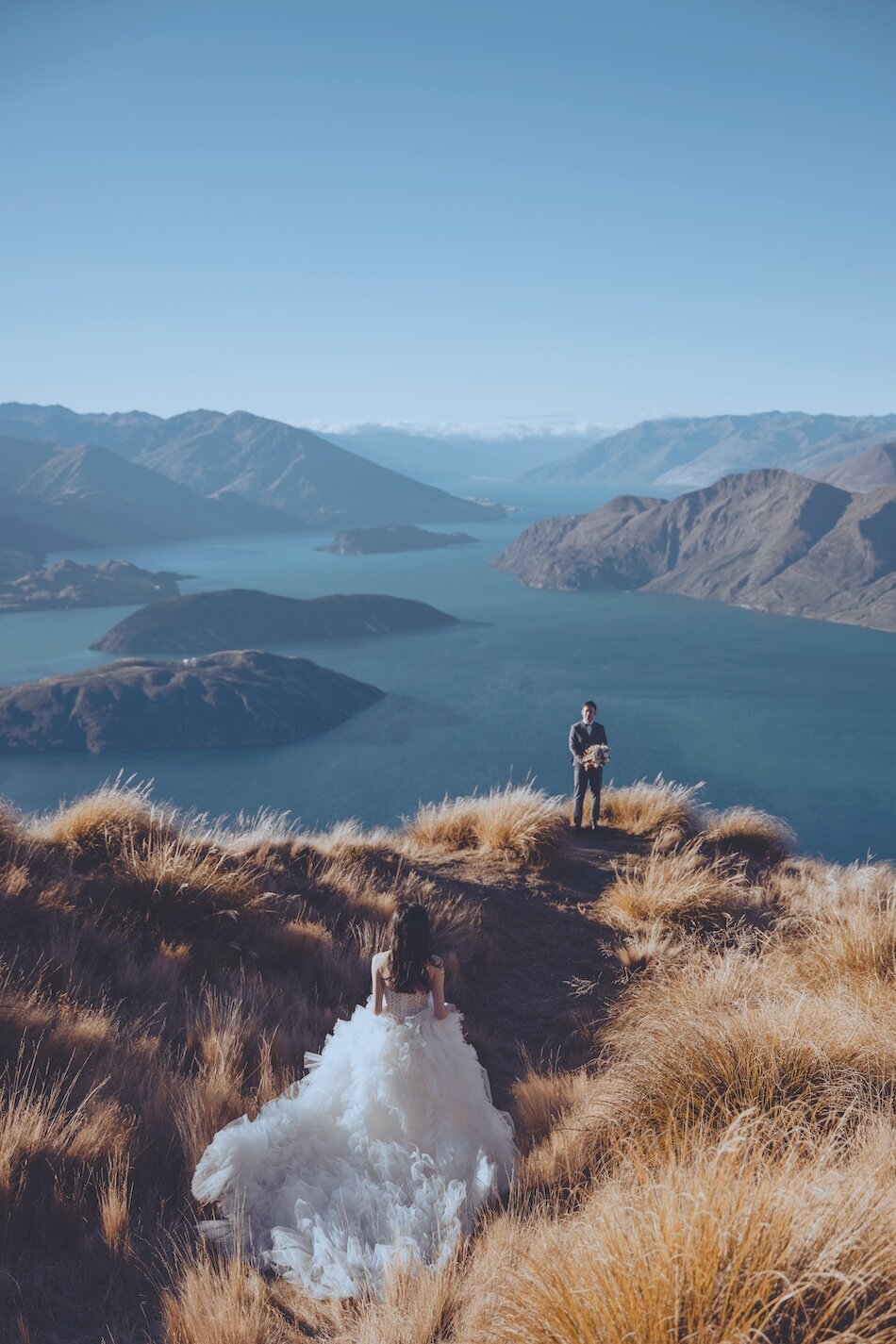 Autumn wedding shoot at Millbrook, Arrowtown. Vintage car & helicopter.