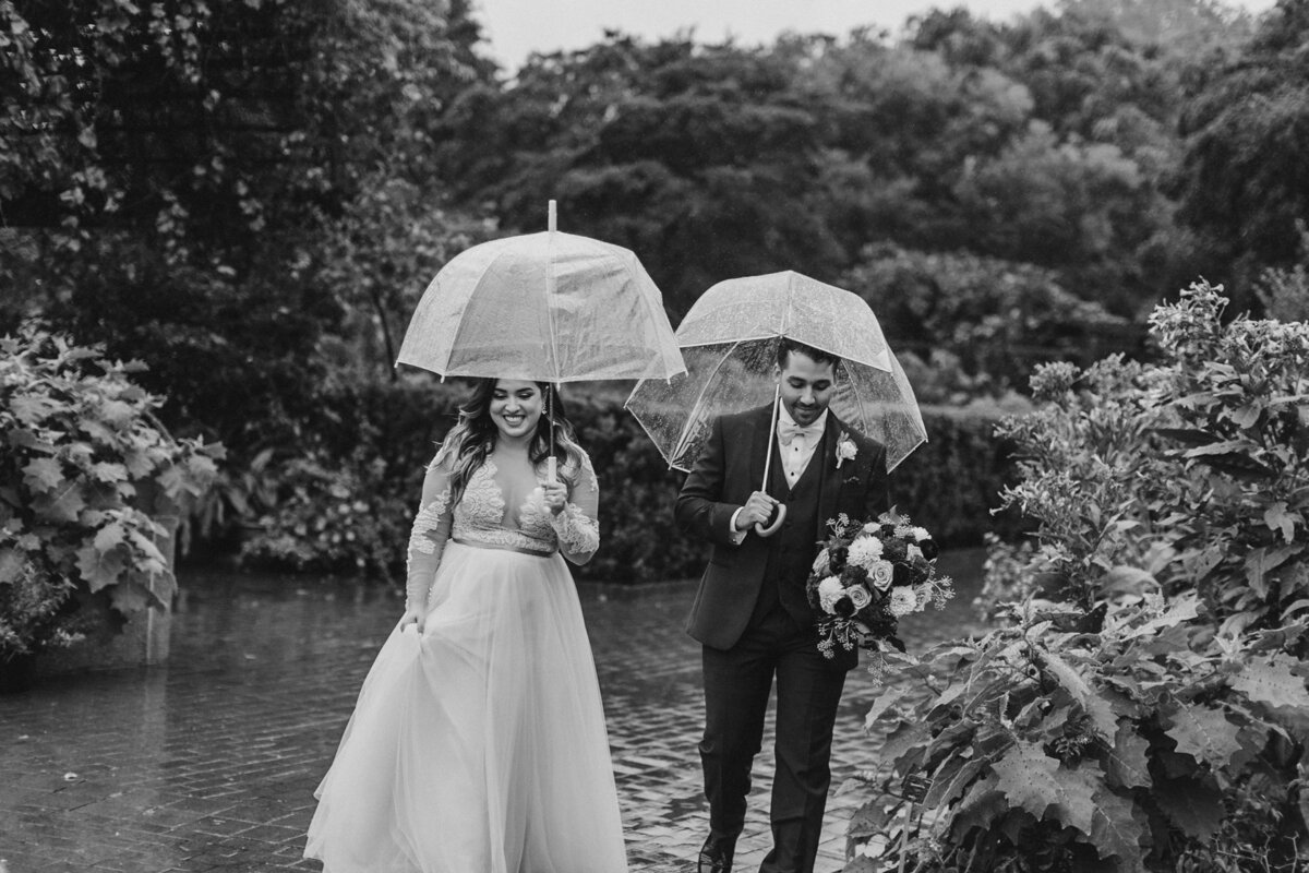 A wedding couple holding umbrellas over their heads as they walk together 