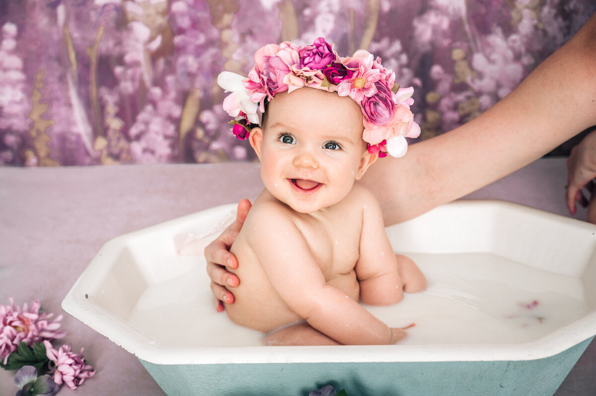 girl with headband in a milkbath
