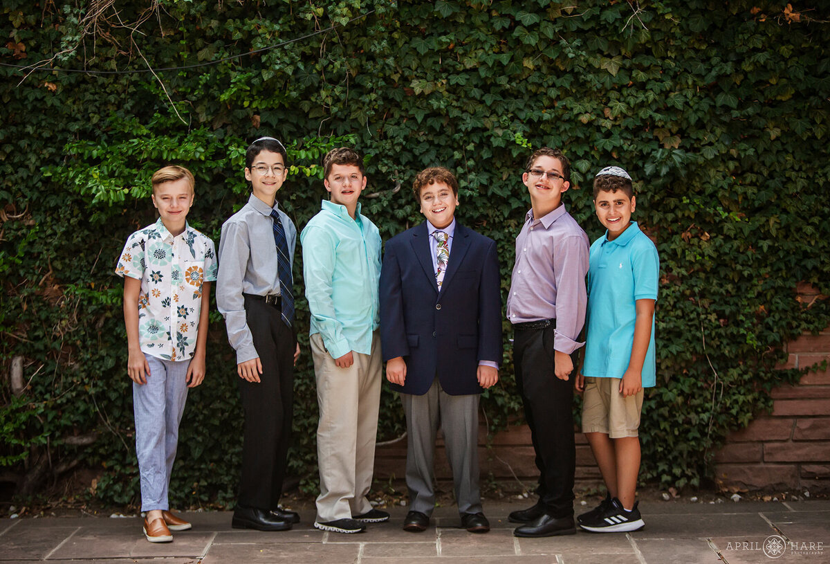 Bar Mitzvah Kid with his Friends at Temple Emanuel in front of Pretty Ivy Wall in Courtyard