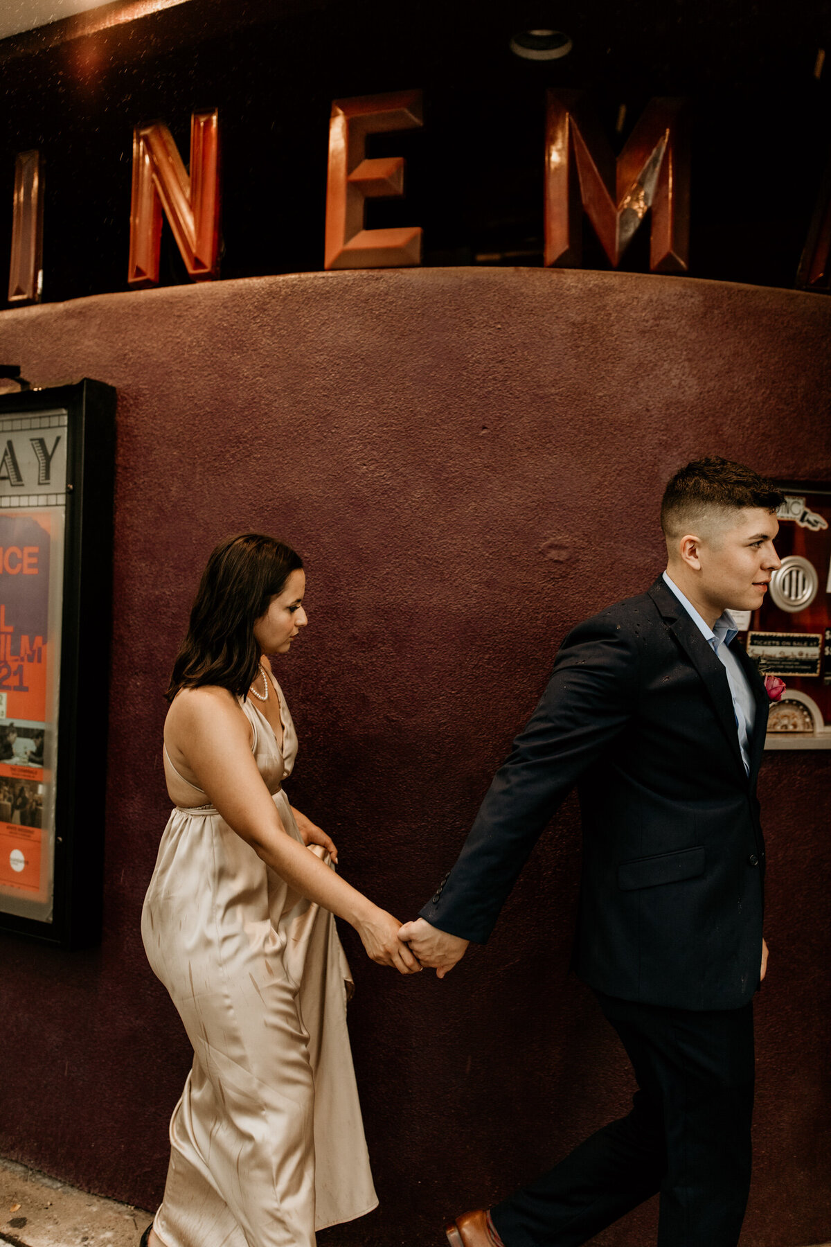 bride and groom at a retro cinema in downtown Albuquerque