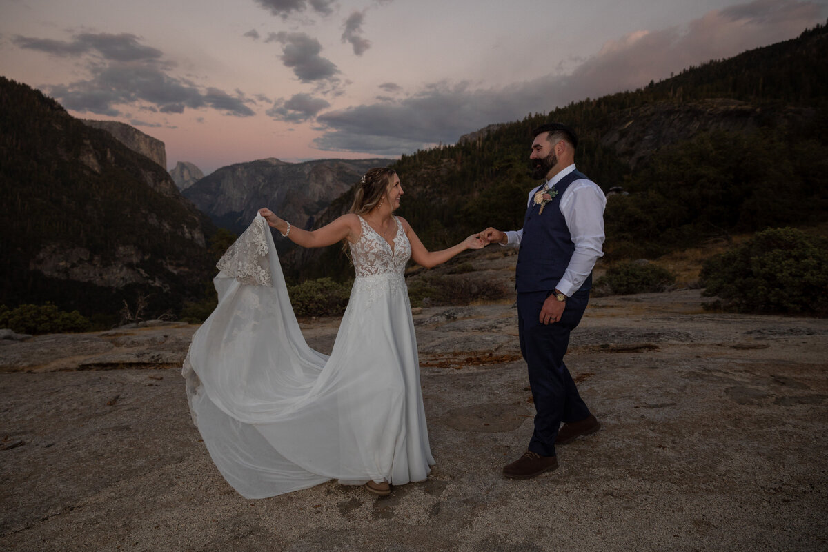 Bride and groom dance as the sunsets around them on their California elopement day.