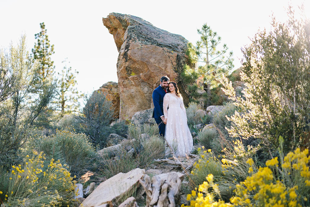 Bride and groom in front of large rock formation