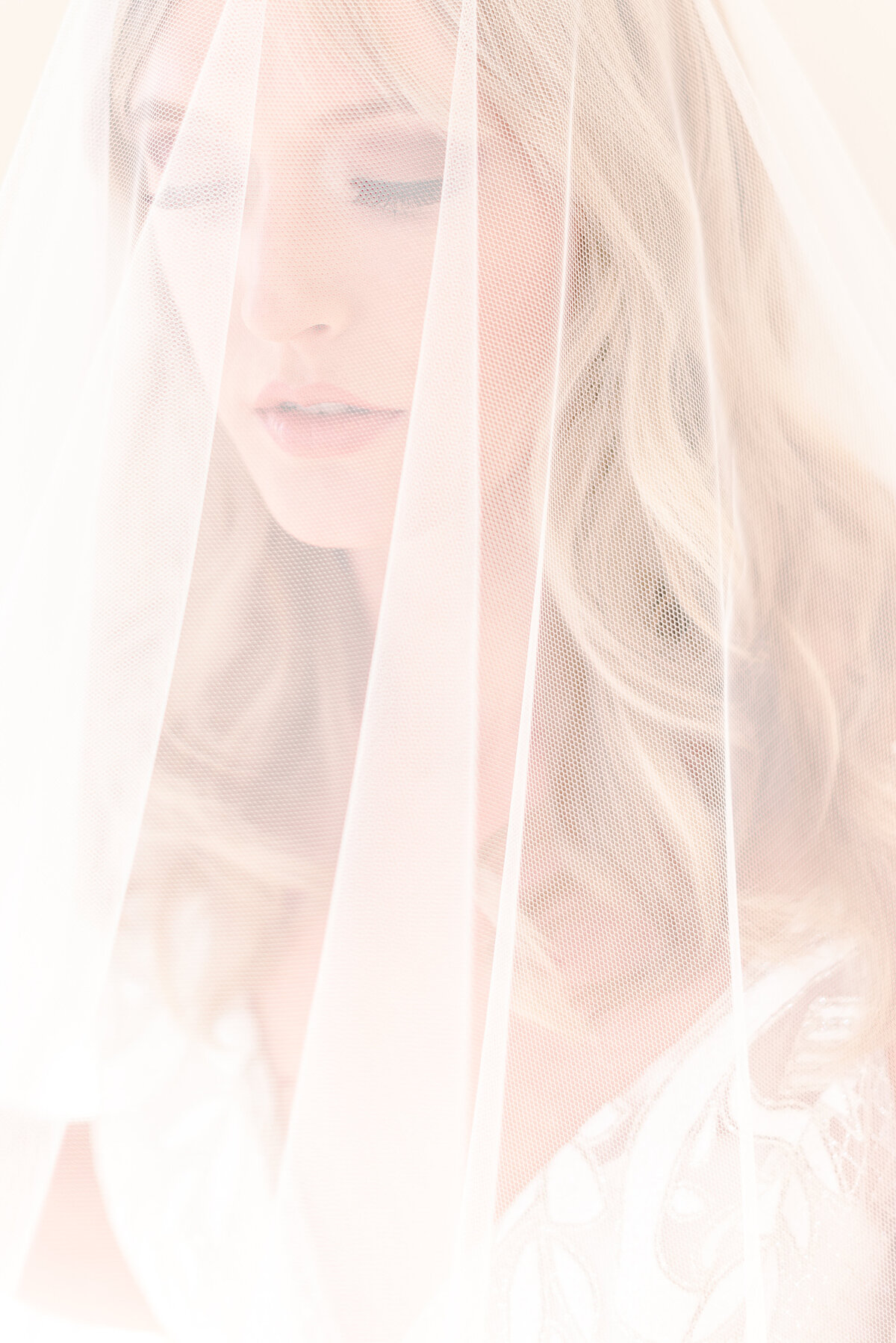 portrait of a bride on her wedding day with a veil in front of her face