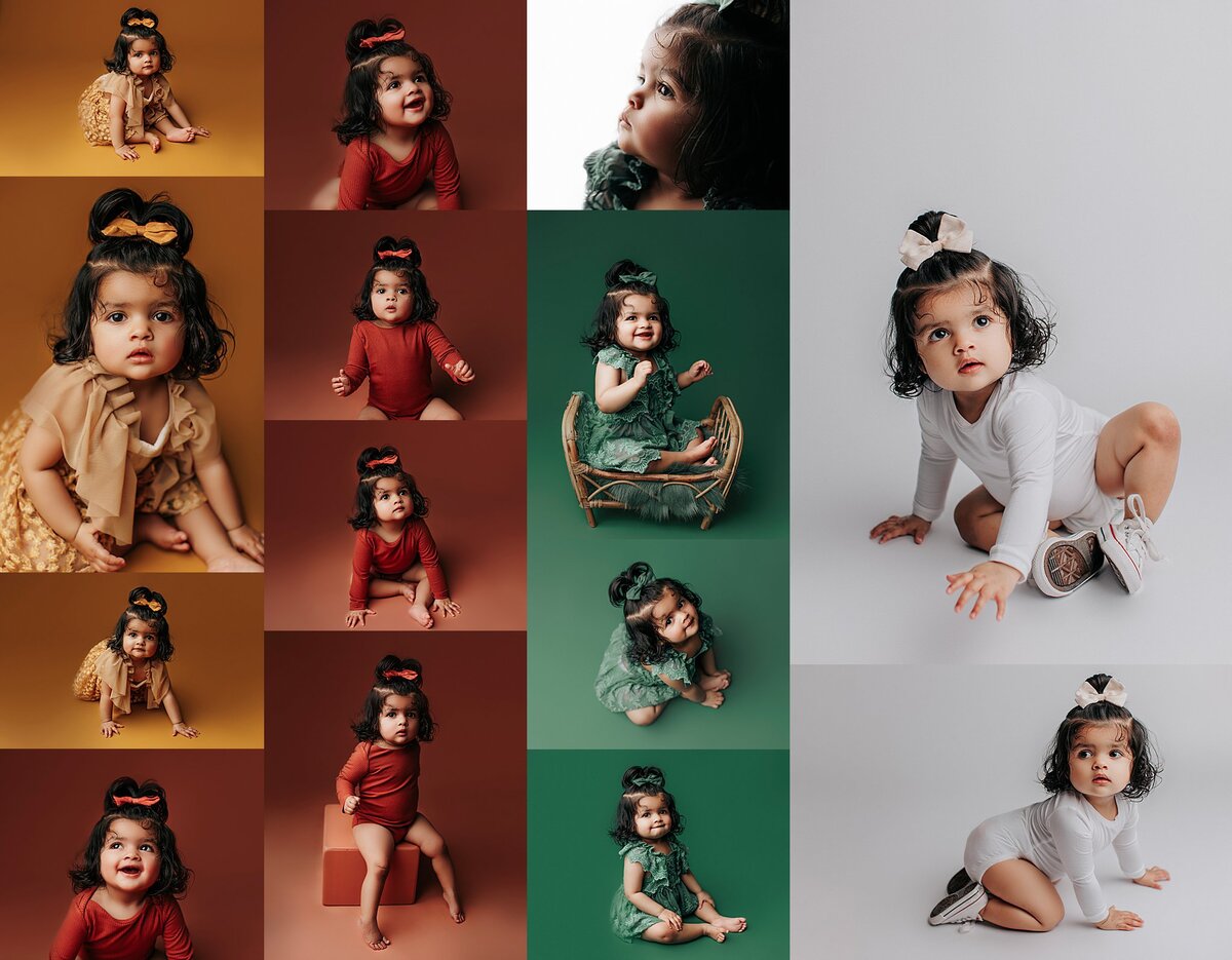 Baby milestone collage with colorful backdrops, bows, and expressive portraits