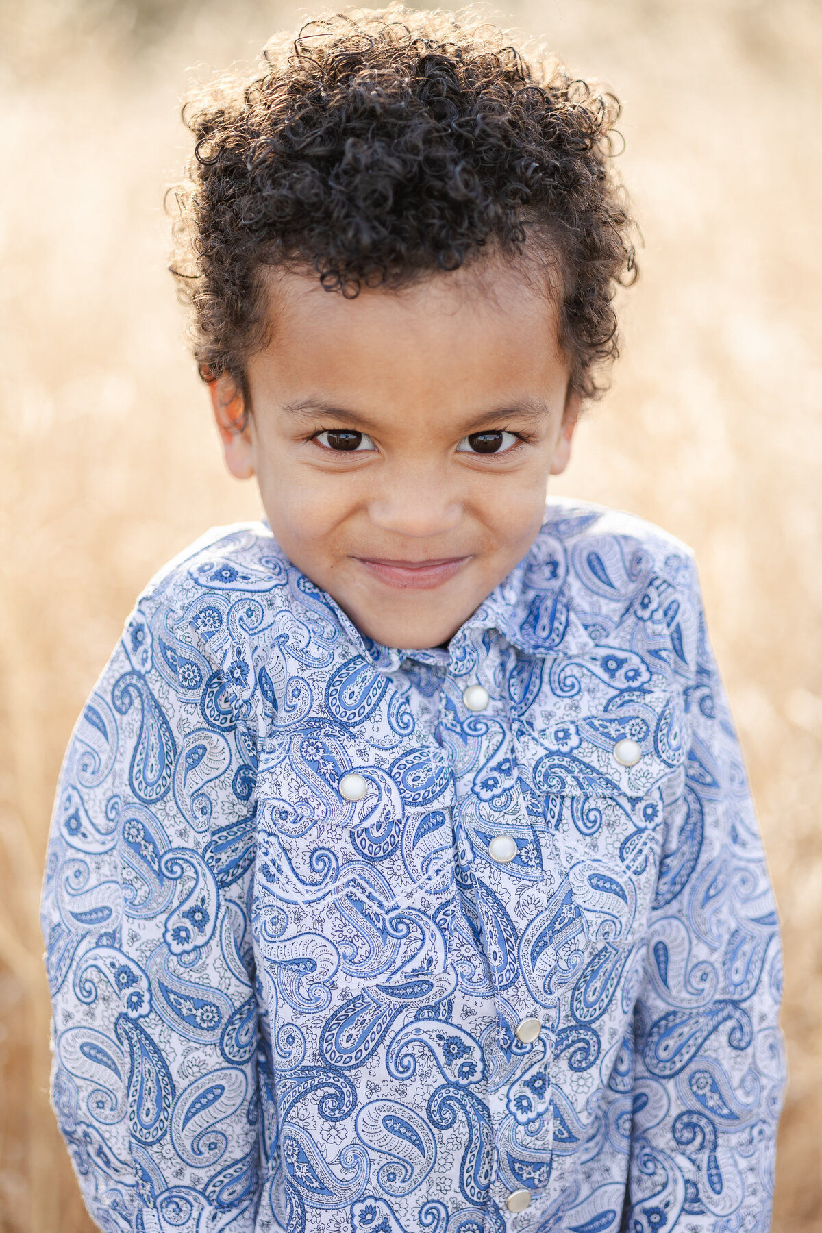 Colorado Springs Family Photographer- bou standing with cute look on his face in front of tall grass