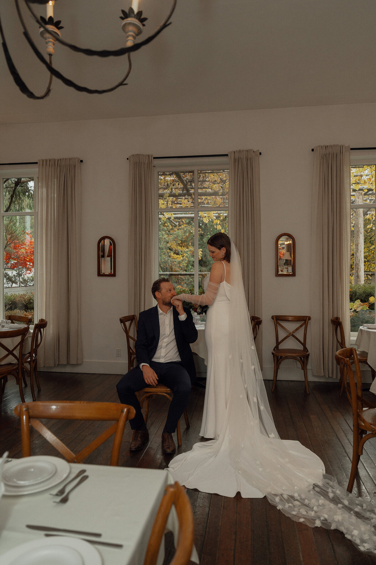 Bride and Groom during elopement photos at Cuckoos Trattoria in Coombs by Latitude 49 photography