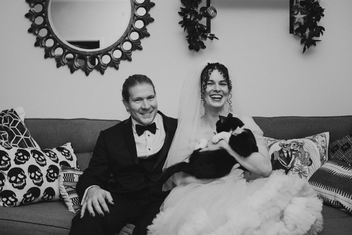 Couple holds their beloved cat on wedding day