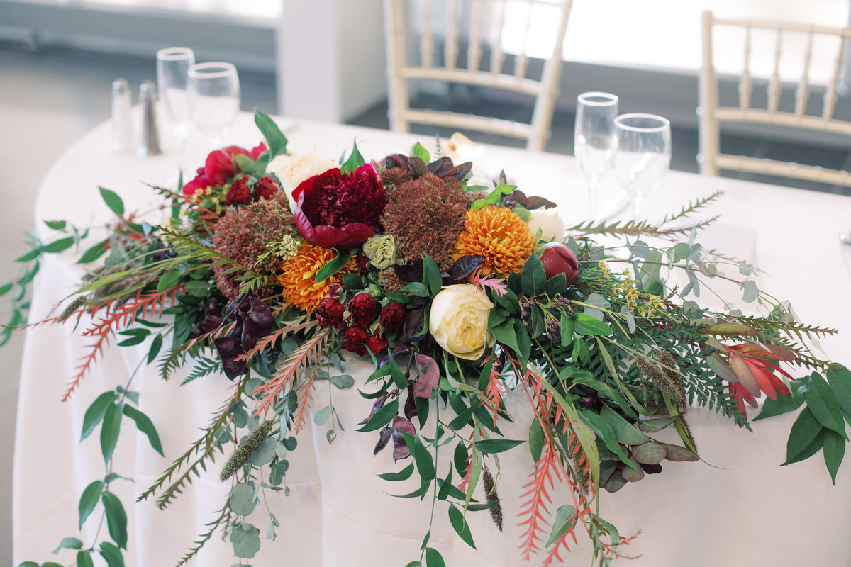 Fall themed arrangement for a sweetheart table at the Riverview in Occoquan, VA
