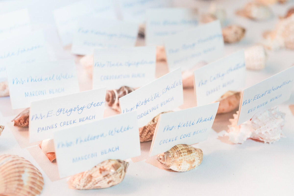 Sea shell name cards for a beach wedding