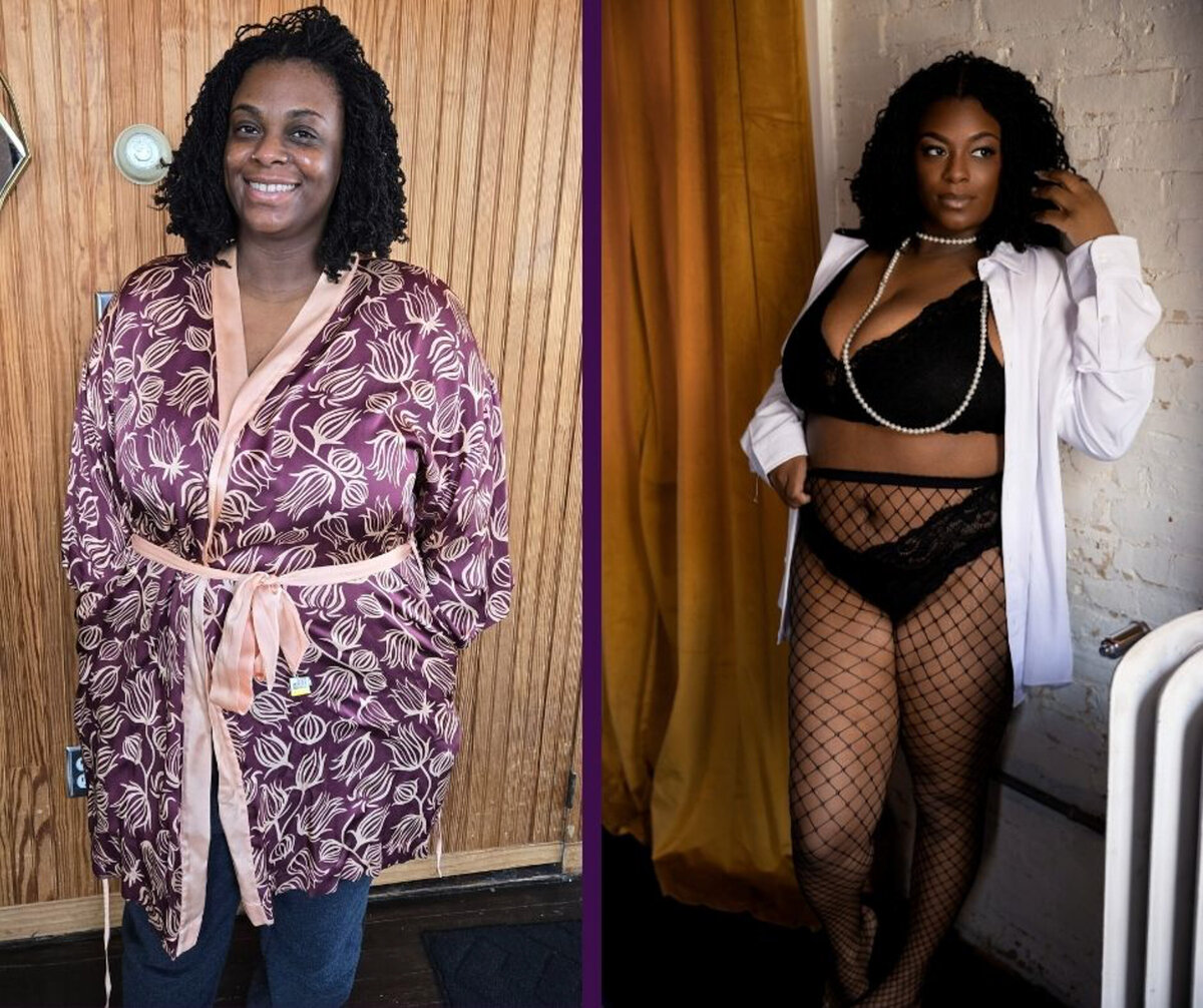 A woman stands smiling in a purple robe next to her leaning on a wall in fishnets and black lingerie