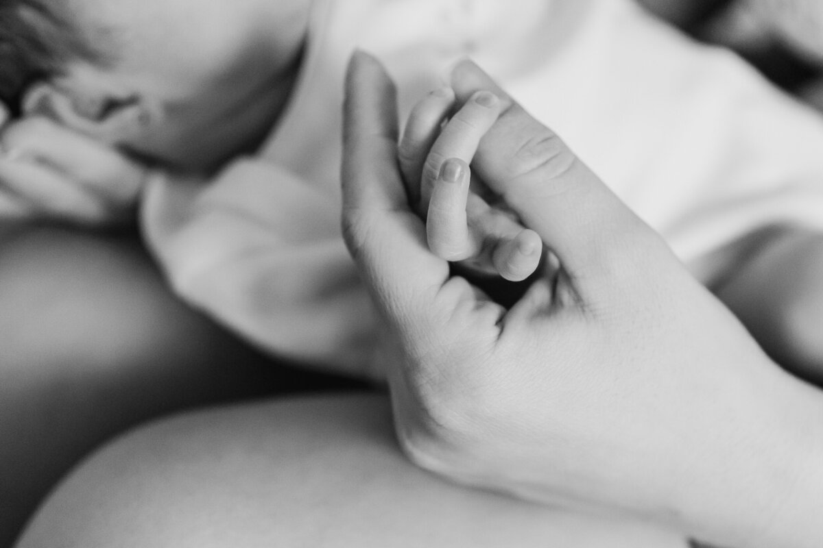 A black and white close-up of a newborn baby’s tiny hand gently gripping an adult’s finger.