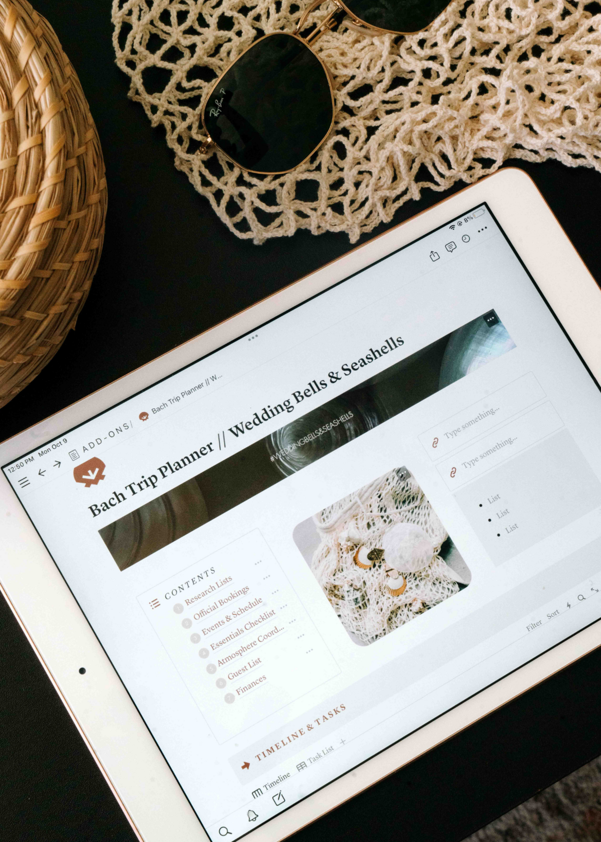 Notion Bachelorette trip planner on an ipad